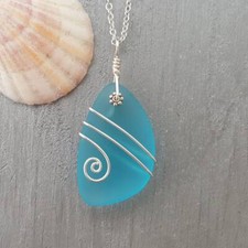 Hawaiian Jewelry Sea Glass Necklace, "A Larger Piece" Wire Turquoise Necklace