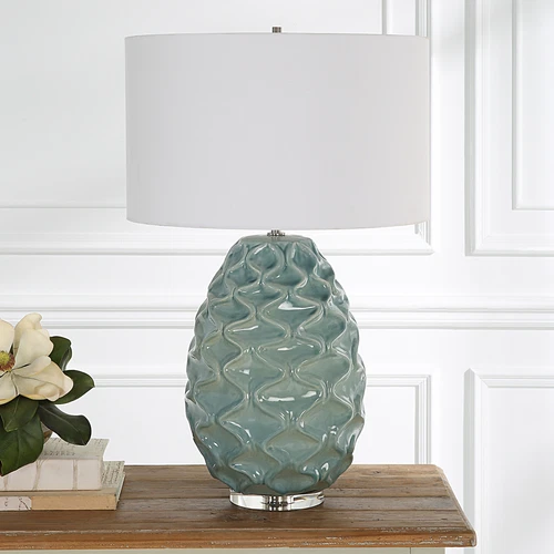 Elegant Aqua Blue Green Seafoam Wave Table Lamp 32 in Fat Graphic Squiggle Gloss - Picture 4 of 7