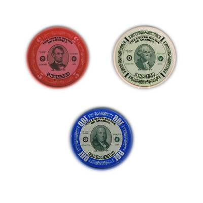3-Piece History Poker Chip Set   $1, $5, $100 U.S. Currency Design   Red, White,