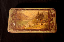 Vintage Tin Box Painted With Landscape & Mountains, Rectangle Tin Box Deco Box