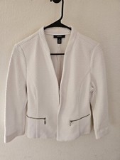 ALFANI White Open Front Blazer Silver Zipper Pockets Womens Size Medium