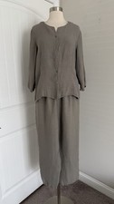 EILEEN FISHER ITALIAN FABRIC LINEN BLEND 2 PIECE TOP PANTS SET SZ L MADE IN USA