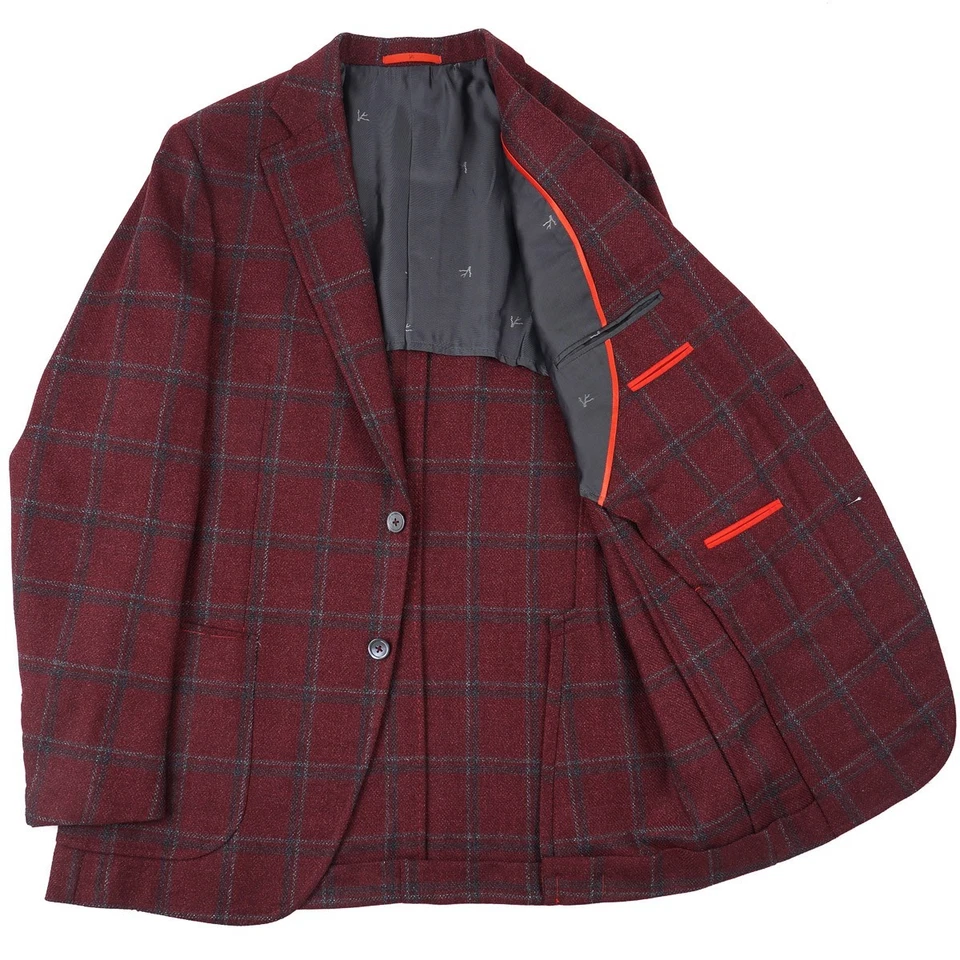 Isaia Slim-Fit Burgundy-Gray Check Wool-Silk Sport Coat 42L Long (Eu 52L) NWT - Image 2 of 4