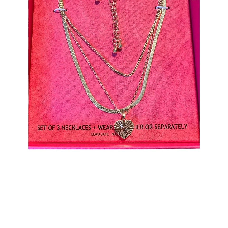 NEW House Of Harlow 1960 Necklace Triple Chain Set Of 3 Heart Pendant Gold Tone - Image 2 of 4