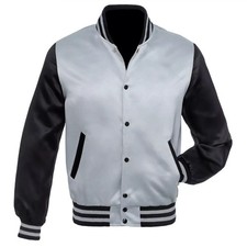 Grey Black Satin Varsity Letterman Bomber Baseball Jackets Rib Grey/Black