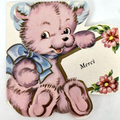 Vintage French Baby Gift Thank You Card Anthro Teddy Bear Merci Canada Embossed