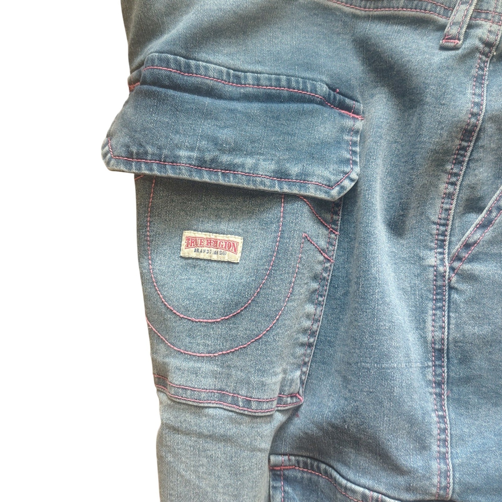 True Religion Denim Cargo SN Straight Jeans Medium Tide Wash Pink Stitch Sz38 thumbnail 6