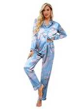 Women's Classic Button Down Long Satin Silk Pajama Set Medium Blue Floral