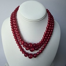 Vintage Triple Strand Cranberry Red Graduated Bead Necklace 16  Statement