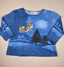Collections Etc Christmas Santa Reindeer Top LARGE Blue Snow Scene Embellished