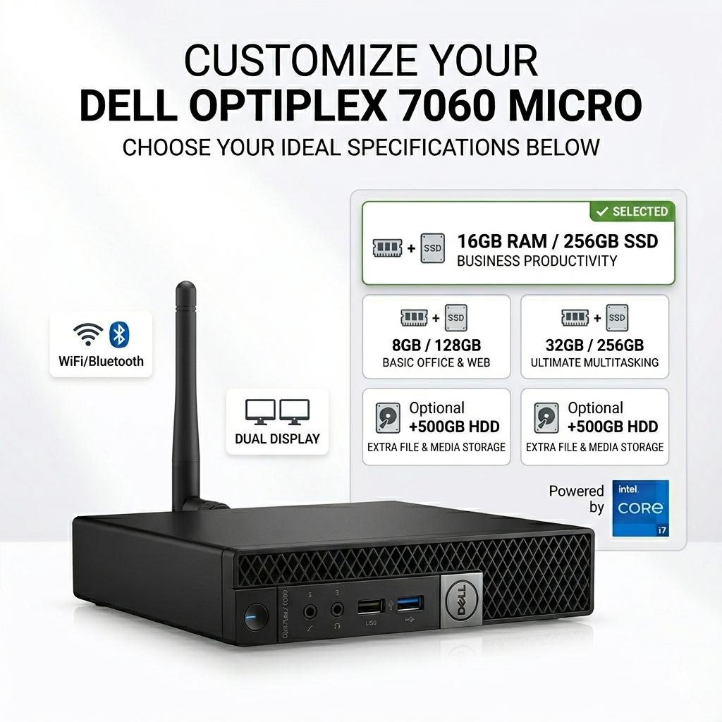 Dell OptiPlex 7060 MFF Mini PC i7-8700T Up To 32GB RAM SSD WiFi