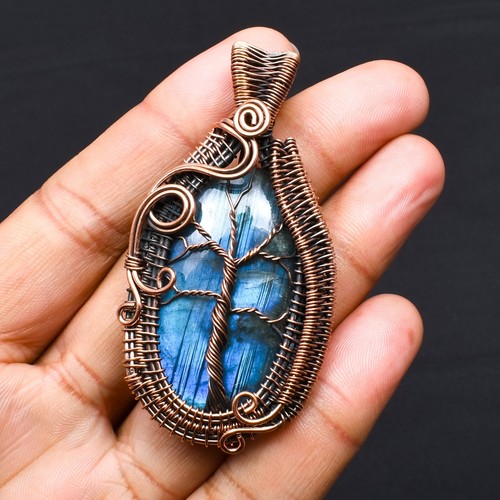 Blue Fire Labradorite Copper Wire Wrapped Pendant Jewelry Gift For Her CCP-099 - Picture 6 of 8