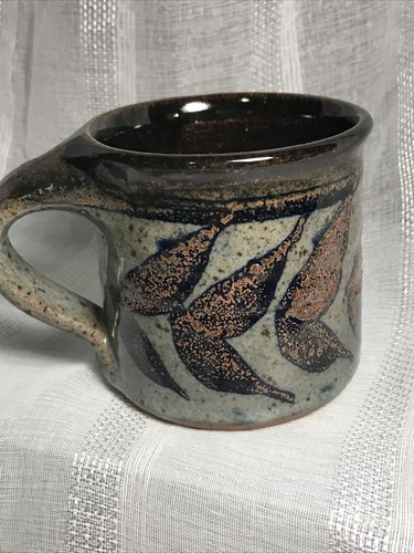 Art Studio Pottery Coffee  Mug  Brown Green  Glazed Stoneware Pottery Cup Signed
