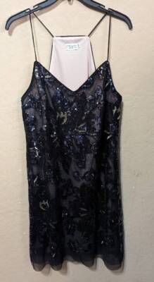 RSVP Sequin Mesh Shift Sheath Spaghetti Strap Dress SZ 10