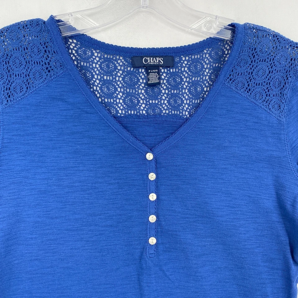 Топ Chaps Henley Popover женский миниатюрный PL синий цветочный кружевной богемный хлопок эластичный - Изображение 2 из 4