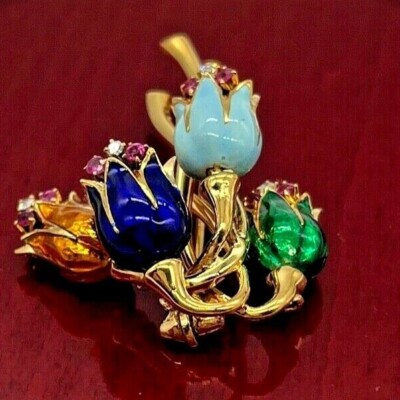 Estate 18k Solid Yellow Gold Pink, Blue Green Tulip Pin w/ Diamonds