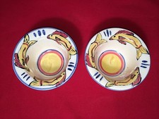 Two Studio Pottery Rice Bowls/Fruit Cups, Blue,Yellow,Orange,Cream / Dated '01