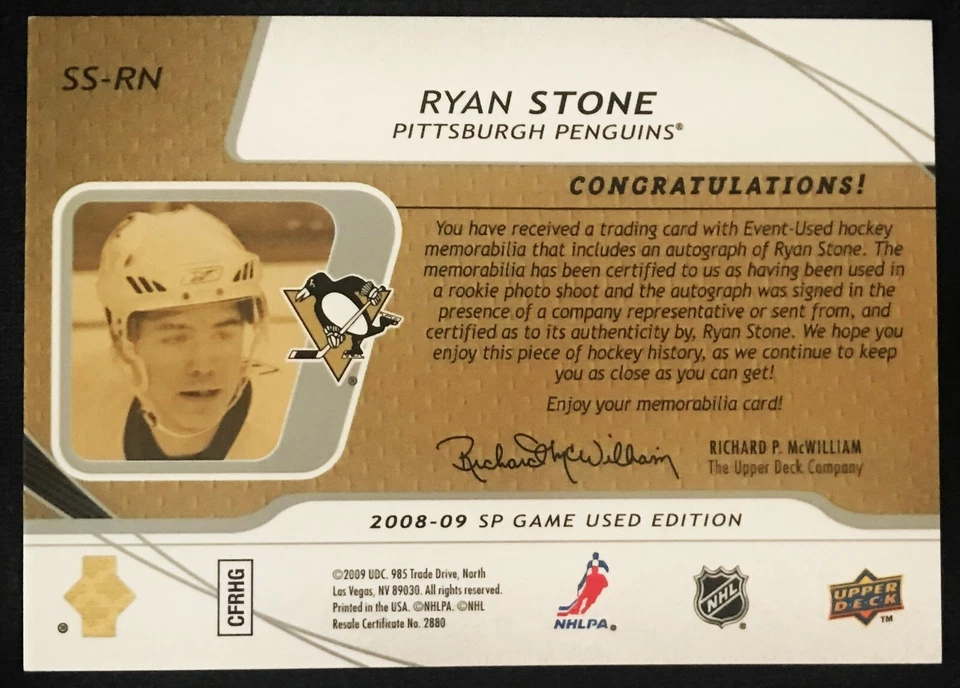 Ryan Stone SP Game-Used Edition SIGnificant Swatch card SS-RN- / 50, 2008 09 NHL - Image 2 of 2