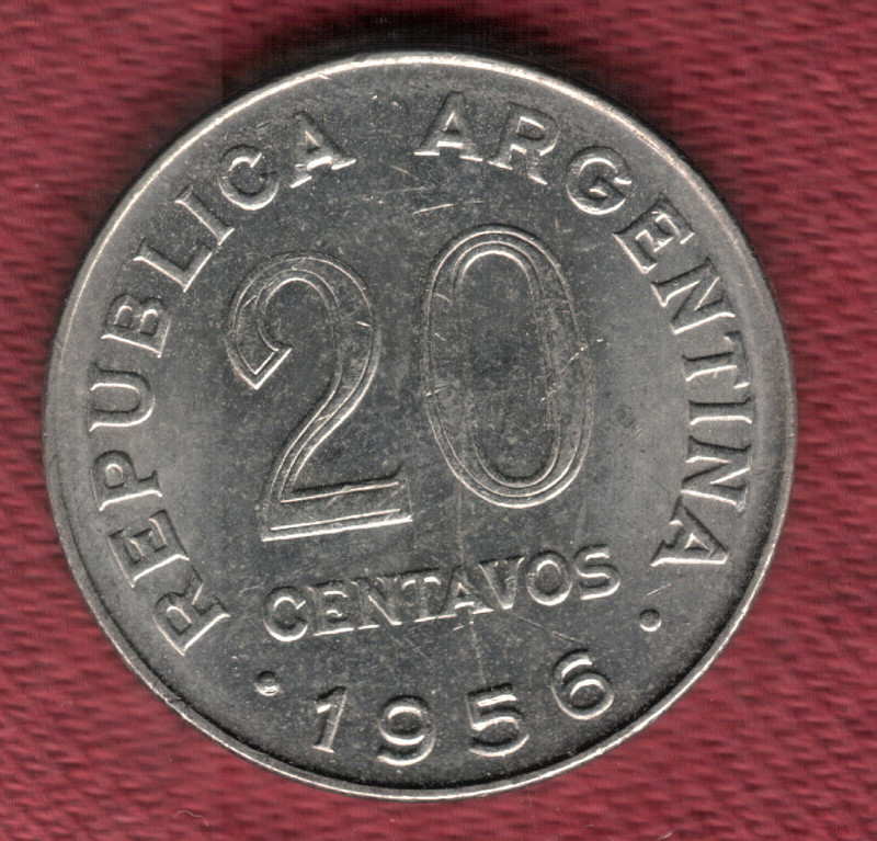 1956 Argentina 20 Centavos Double Reverse Error