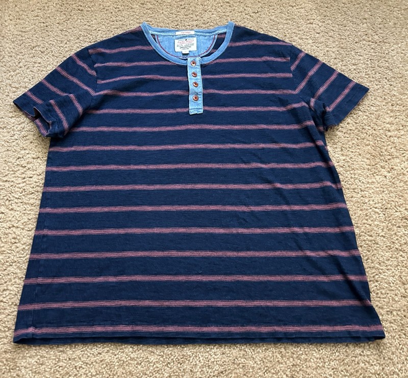 Lucky Brand Henley Shirt Mens XL True Indigo Blue Striped Short Sleeve