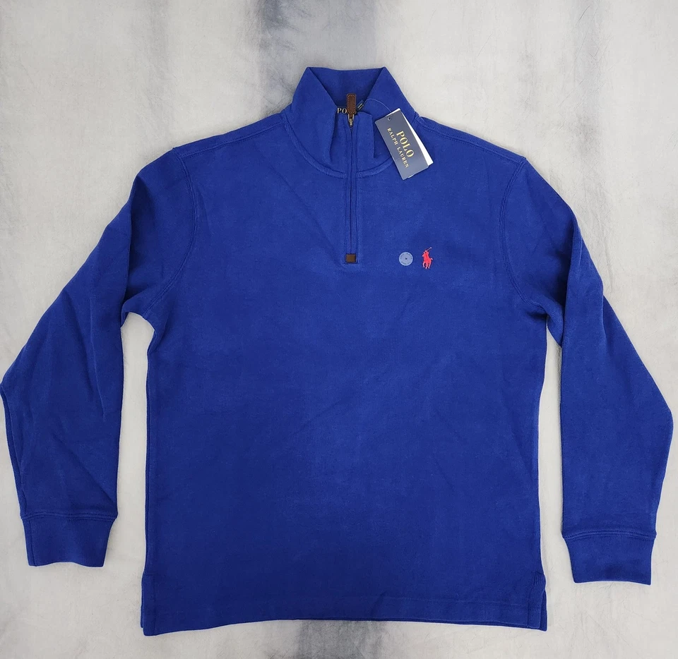 Polo Ralph Lauren Quarto Zíper Azul Vermelho Suéter Pônei Masculino Tamanho Médio Novo - Imagem 2 de 4