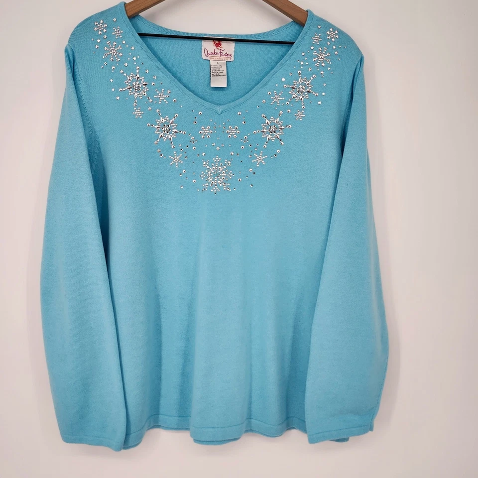 Quacker Factory Blue Snowflake Embellished Sweater Womens Large Winter Festive - Image 2 of 4