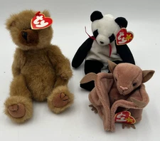Lot of 3 TY Collectibles Plush Animals w/ Tags Teddy Bear Panda Bear Bat Beanie