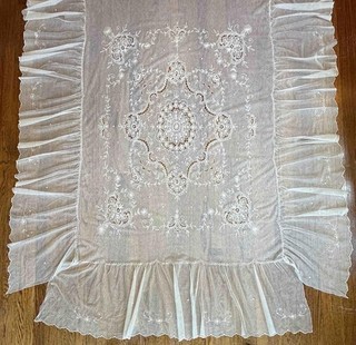 GORGEOUS VINTAGE 1920s TAMBOUR LACE BED COVER / COVERLET / BEDSPREAD: 107" x 76"