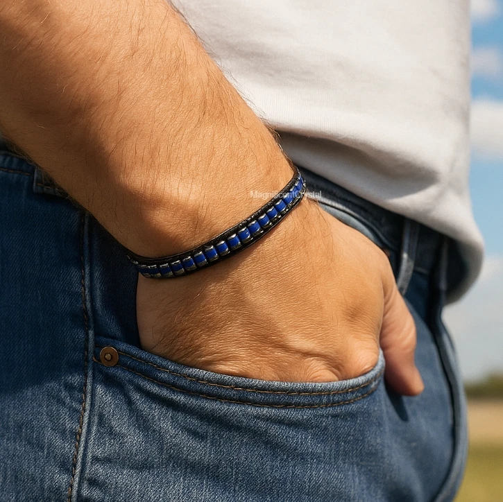 Винтажная мужская бижутерия браслет премиум-класса из натуральной хрустальной кожи с лазуритом - Изображение 3 из 4
