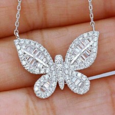 2.30Ct Baguette Cut Lab-Created Diamond Butterfly Pendant 14K White Gold Plated