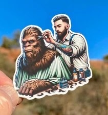 2" Bigfoot At The Barber Sticker, Decal, Hipster, Haircut, Urban, Vibe, Trend