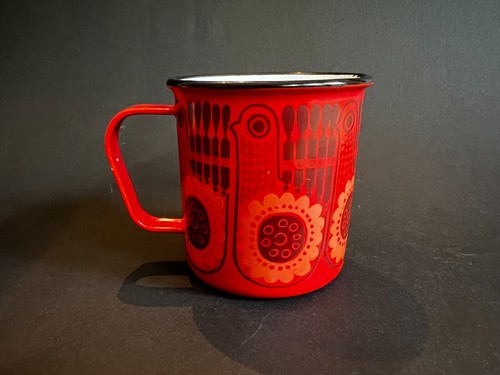 FINEL Red Lintu Bird Enamel Coffee Mug Cup Arabia Finland Vintage MCM Metal B - Picture 2 of 7