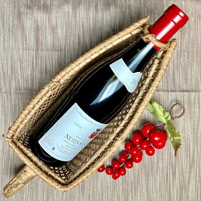 Weinflaschenhalter weinrot einzeln Weidenkorb Griff Rattangeflecht Vintage