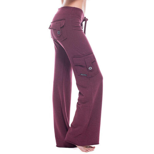 Women Cargo Pockets Wide Leg Pants Drawstring Elastic Waist Casual Yoga Trousers - Picture 18 of 25