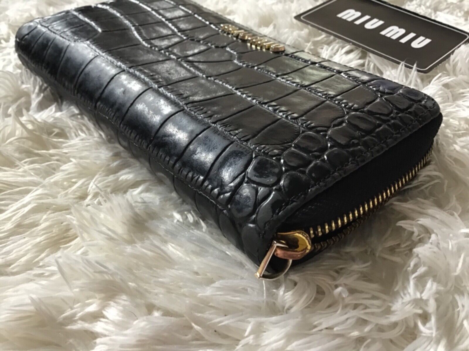 MIU MIU Black Wallet Crocodile Embossed Leather Ziparound Wallet