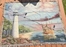 Woodworkers + Weavers Biloxi MS Lighthouse Tapestry Throw Blanket Fringed 51x68