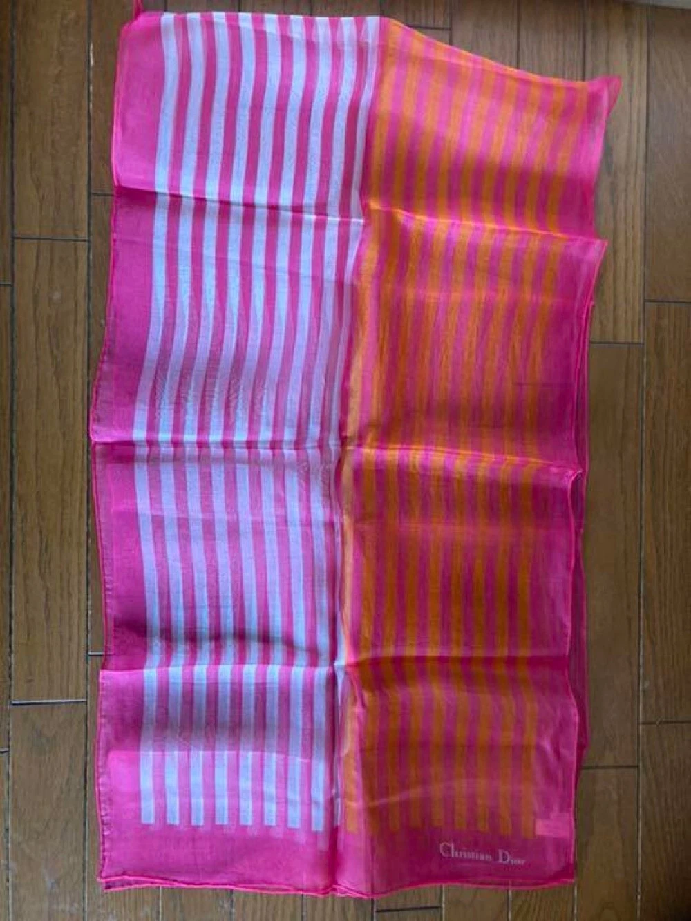 Christian Dior Foulard fin 180cm 70′′ 50cm 19′′ rectangle rayure soie rose orange