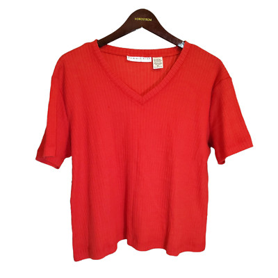 VTG Summit Hill V-neck S/S T-Shirt Womens XL Red Ribbed Stretch Knit Made USA 