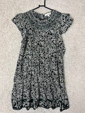 LOFT Garden Ruffle Tiered Swing Dress WOmens Medium Black Green Floral Smocked