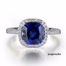 Cushion Cut 3CT Real Blue Sapphire Wedding Halo Jewelry Ring 14K White Gold Over
