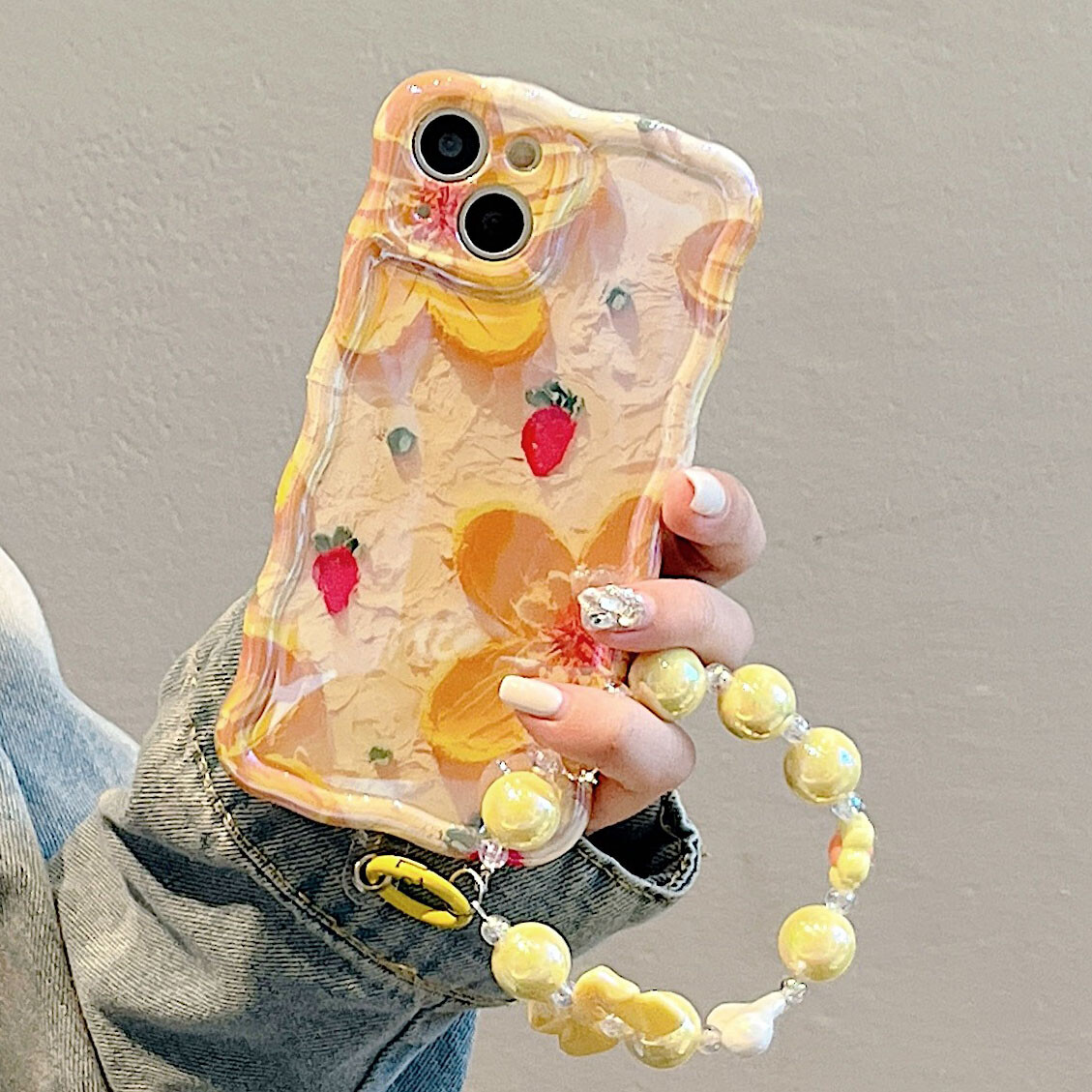 Blu-ray Art Flower Case Beads Chain Strap Cover For iPhone 15 Pro