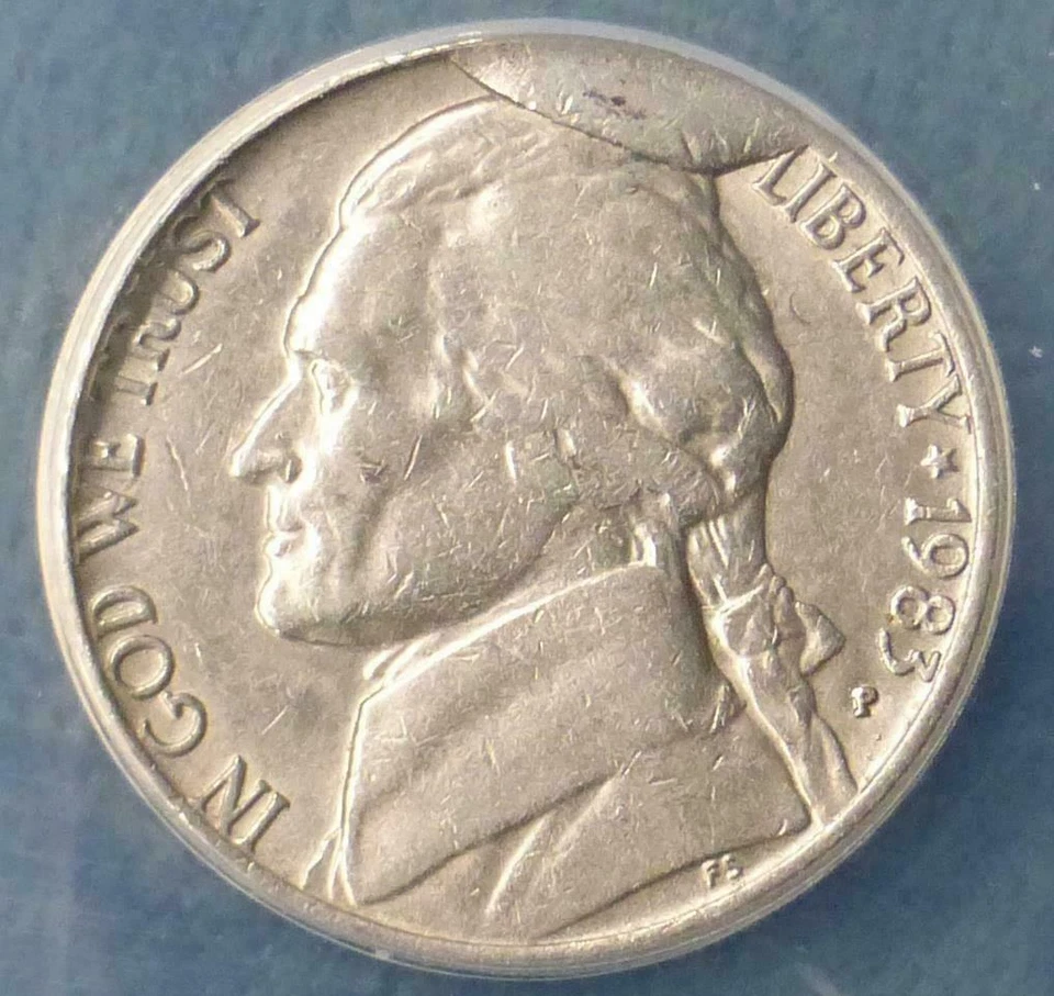 1983-P NICKEL-MAJOR CUD/DIE BREAK/CLASHED DIES-ANACS AU55-MULTIPLE ERRORS!-d3280 - Image 2 of 4