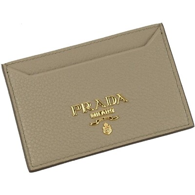 Prada Vitello Grain Leather Argilla Grey Card Holder Wallet Gold Logo NEW