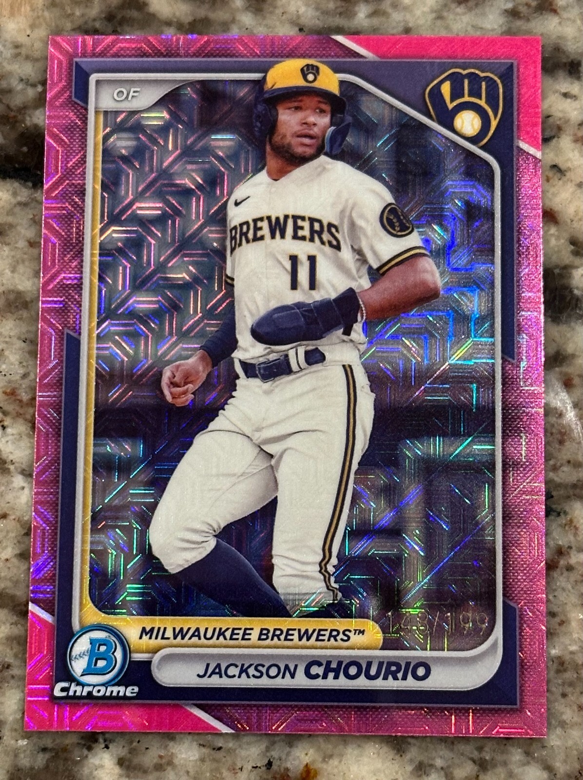 2024 Bowman Chrome Mega JACKSON CHOURIO Pink Fuchsia Mojo Refractor /199 BREWERS