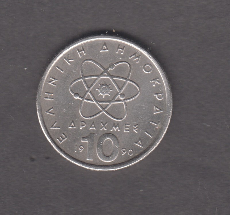 GREECE 1990. 10 DRACHMES. Model of an atom. Bust of Democritus. KM# 132