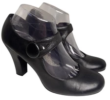 Sarah Jayne Maddie Black Leather Mary Jane Heels Sz 8 M Retro Steampunk Gothic