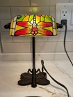 Vintage Dragonfly Tiffany Style Bankers Lamp Mosaic Stained Glass 10 Inch Metal