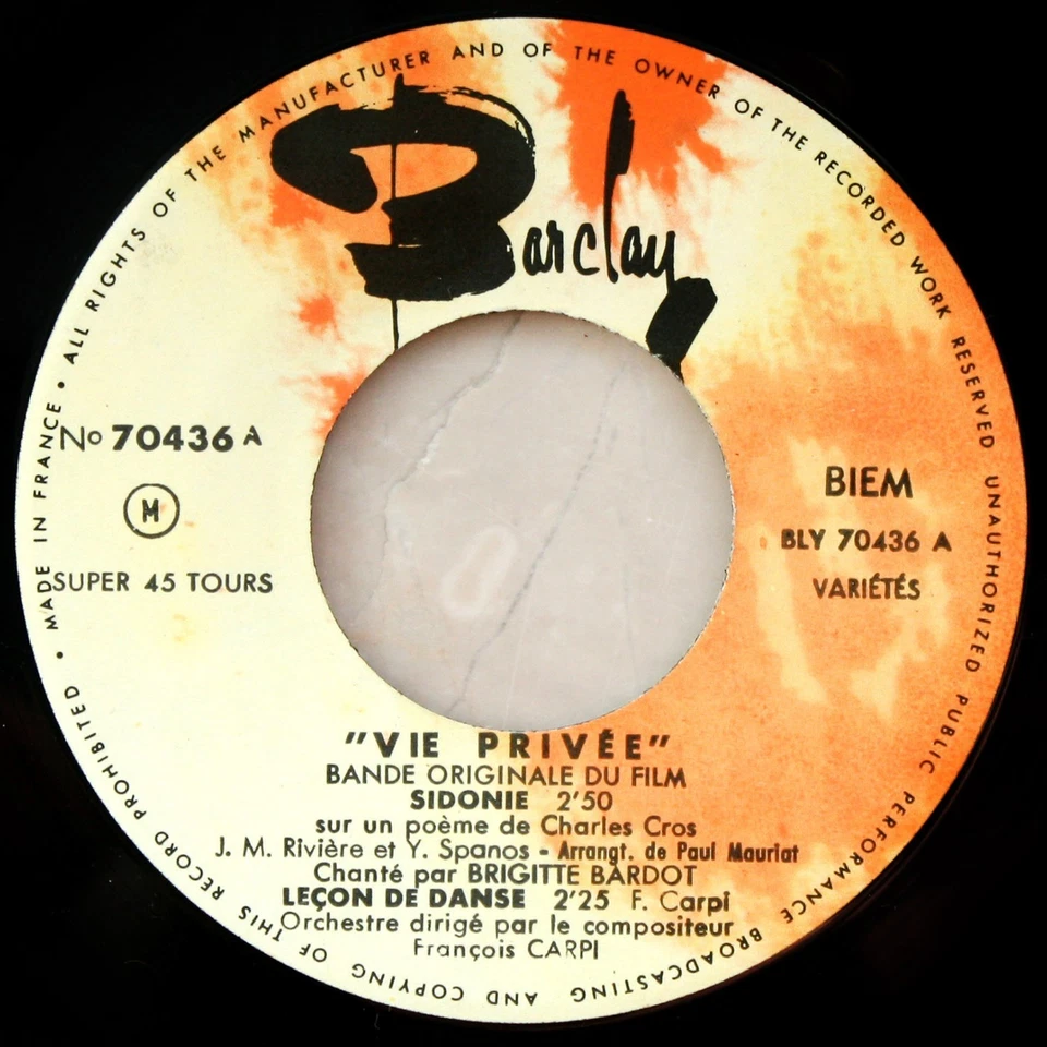 Brigitte Bardot -  Sidonie, Vie Privee OST 1962 EP 7" France Barclay + PS - Bild 2 von 4