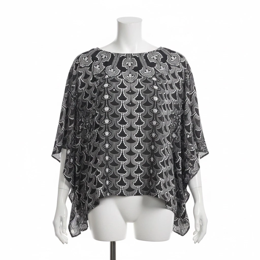 Bob Mackie Wearable Art Kaftan Top Poncho M Black White Geometric Dot Print