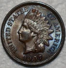 Uncirculated 1907 Indian Head Cent, Fully Lustrous & Lightly Toned.